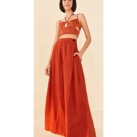 Farm Rio Rust Brown Wide Leg Linen Nautical Pants Relax Coastal Vacation Sz M - Picture 5 of 16